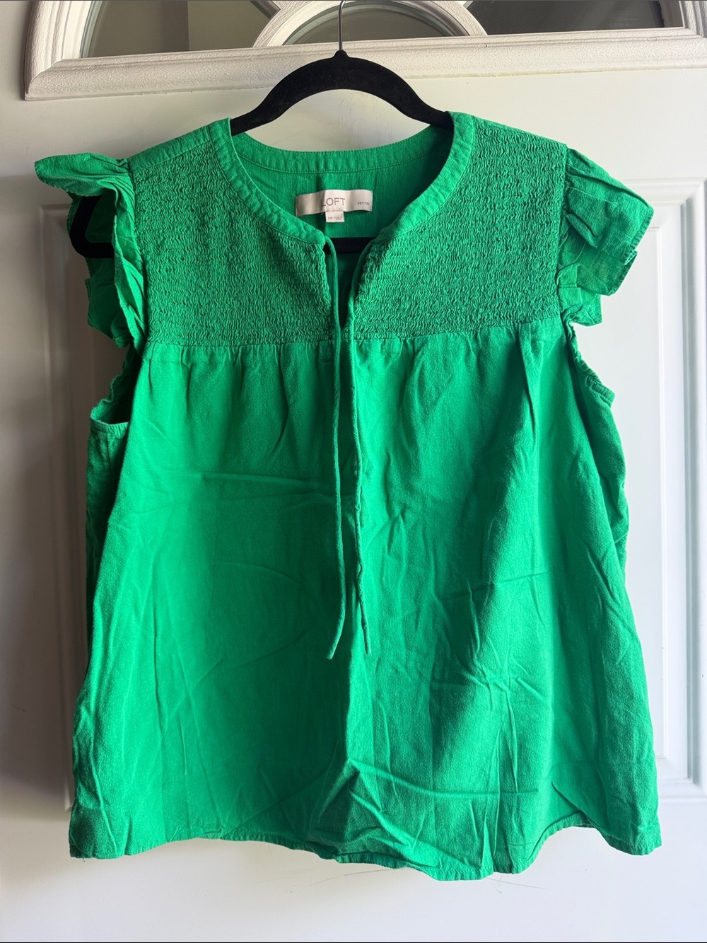 LOFT Emerald Green Ruffle Sleeve Smocked Yoke Top
